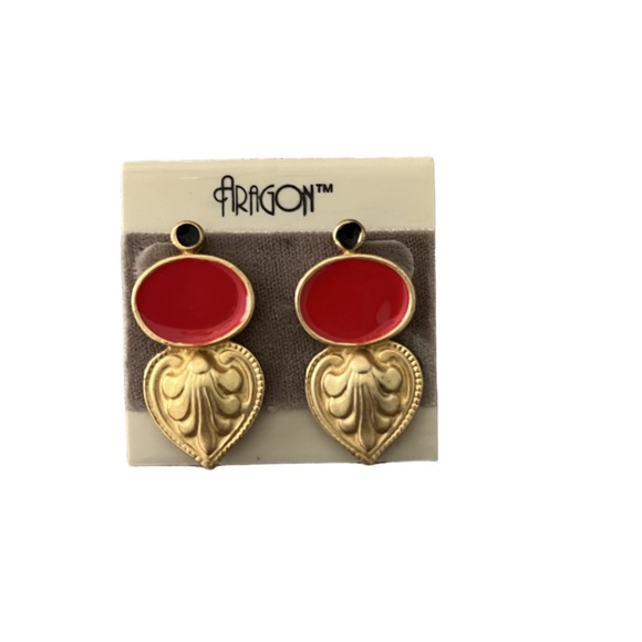 Vintage Aragon Gold Tone & Red Enamel Pierced Earrings - Picture 1 of 2
